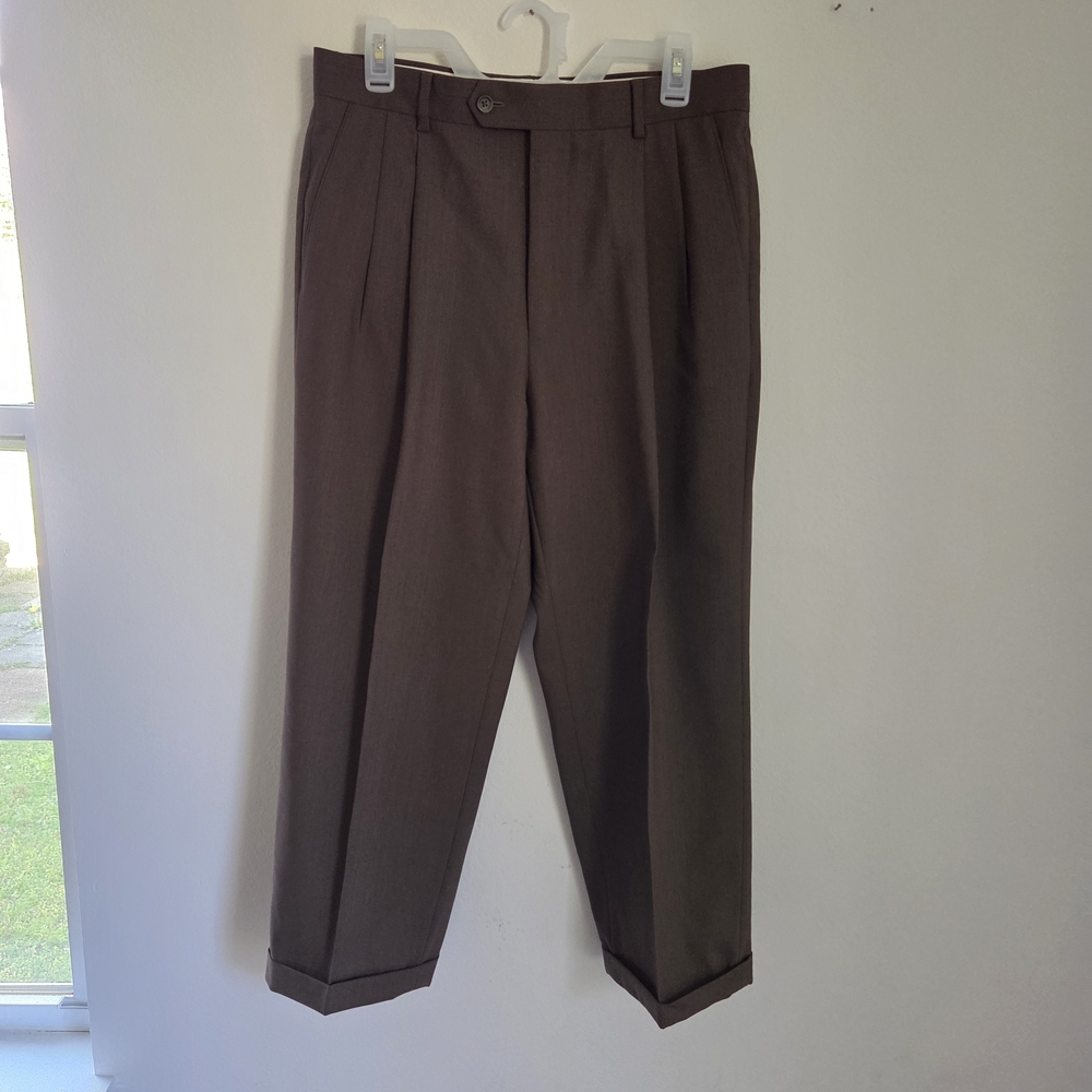 Pronto Uomo Men's Wool Brown Dress Pants Pleated Cuffed 32x25